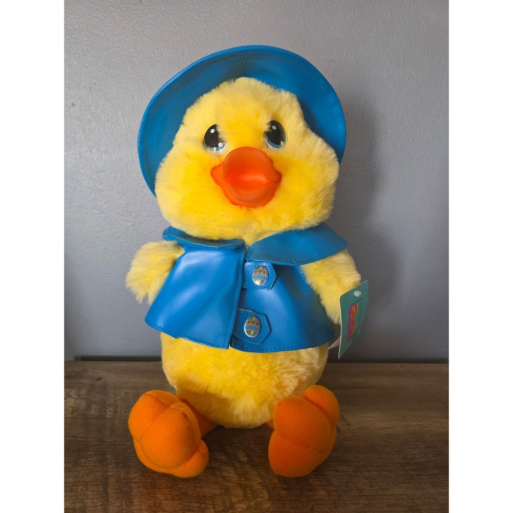 Main Joy Ltd Easter Plush Duck Blue Vinyl Raincoat Rubber Bill 11"‎ SPRING DUCK